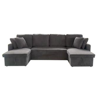 Concept Usine Sof&aacute; panor&aacute;mico cama con ba&uacute;l de 4 plazas en terciopelo a cuadros gris