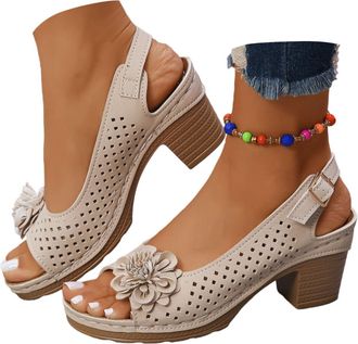 Generic Block Heel Sandals for Women Open Toe Ankle Strap Chunky High Heels Foral Sandals Casual Hollow Out Summer Dressy Sandal Slingback Chunky Block Heel D