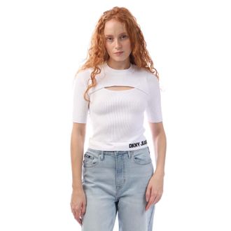 DKNY Womens DKNY Elbow Sleeve Cut Out T-Shirt in White Black