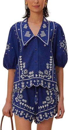Farm Rio Linen-Blend Navy Blue Embroidered Short Sleeve Shirt