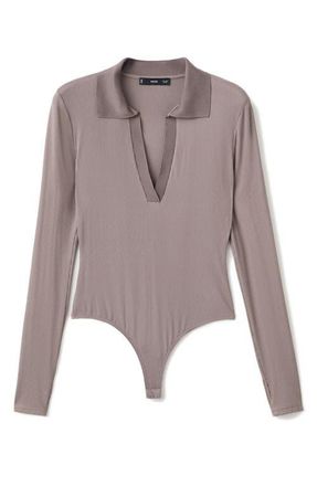 Mango Johnny Collar Long Sleeve Rib Bodysuit in Light/Pastel Brown at Nordstrom, Size Medium