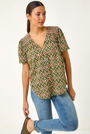 Roman Printed Shirred Shoulder Blouse