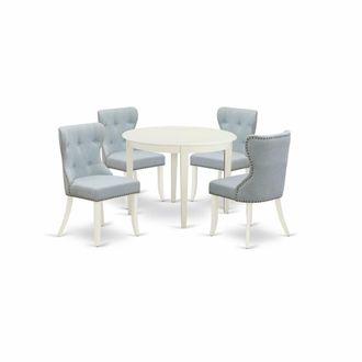 East West Furniture A wooden dining table set of 4 wonderful dining room chairs with Linen Fabric Baby Blue color and a gorgeous wooden dining table