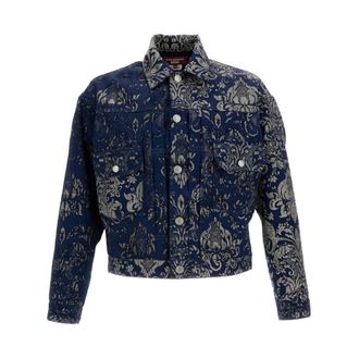 Junya Watanabe Light Jackets, male, Blue, Size: M Floral Print Shirt Jacket