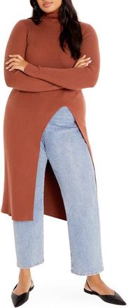 City Chic Split Longline Long Sleeve Sweater in Toffee at Nordstrom