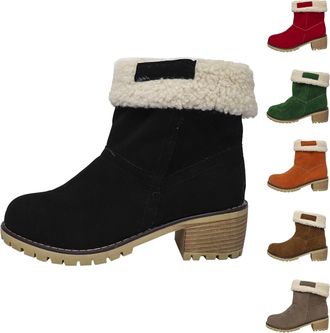 Generic Womens Suede Snow Boots Winter Thick Warm Faux Fur Lined Ankle Boots Ladies Insulated Chunky Square Heel Mid-Calf Booties Waterproof Anti-Slip Rubber 