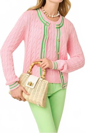 Lilly Pulitzer Brockton Crew Neck Cardigan In Conch Shell Pink X Jackfruit Green Tipping