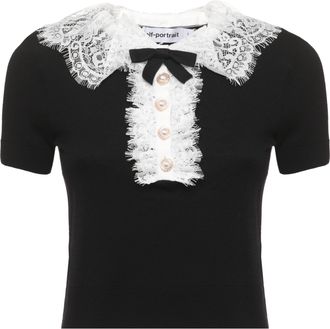 Self Portrait Black Knit Lace Collar Short-Sleeved Top
