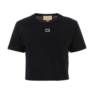 Gucci Crystal G Logo Cropped T-Shirt - female - Gucci - T-Shirts - Black - M - Tops