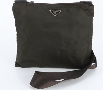 Prada Khaki Leather Nylon Messenger Bag Shoulder Bag (Pre-Owned)