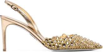 Rene Caovilla 88mm crystal-embellished heeled pumps - women - Calf Leather/glass/Lamb Skin/Rubber/Fabric - 40 - Gold