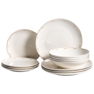 Beliani Vajilla De 12 Piezas De Porcelana Acabado Esmaltado Transparente Con Ribete Decorativo Blanco Y Dorado Charoli