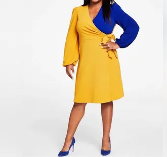 Kasper Surplice Ruched Mini Sheath Dress In Yellow