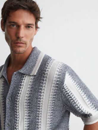 Reiss Soft Blue & white Stitch-detail Stripe Knitted Shirt With Cotton, Xxl