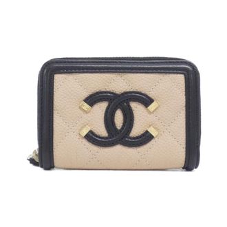 Chanel Beige Black Grained Calfskin Coin Purse/Coin Case (Pre-Owned)