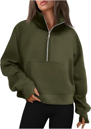 Generic Womens Half Zip Sweatshirt Cropped Long Sleeve Pullovers Casual Outdoor Sports Streetwear Loose Fit Quarter Zipper Winter Tops with Large Pocket