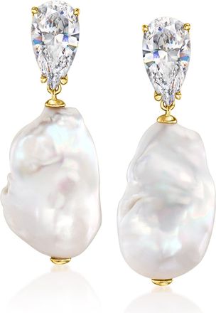 Ross-Simons 18kt Yellow Gold-Plated Drop Earrings With Czs and 13-14mm Cultured Baroque Pearls