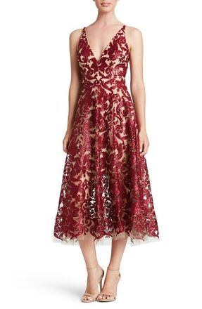 Dress The Population Blair Embellished Fit & Flare Cocktail Dress in Berry/Nude at Nordstrom, Size Xx-Small