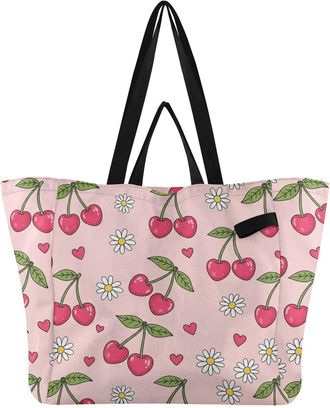 Generic Cute Cherries Daisies Pink pattern Reusable Canvas Tote Bag, Heavy Duty Grocery Shopping Bag with Hard Bottom Large Capacity Double Handles Work Groce