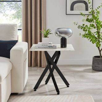Furniturebox Leonardo Square Marble Effect Glass Top Side Table With Black Metal Starburst Legs in White