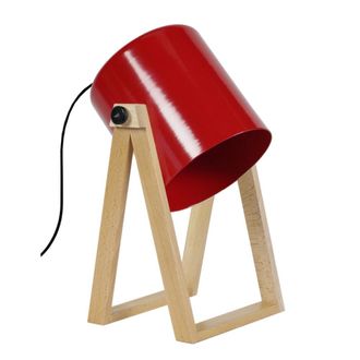 Tosel L&aacute;mpara de mesa madera natural pantalla rojo