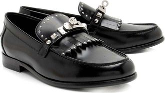 Herm&egrave;s Womens Calfskin Leather Calfskin Studded Fringe Destin Loafer (Authentic Pre-Loved)