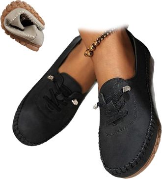 Generic Womens Comfortable Soft Hand-Stitched Genuine Leather Loafers, Vintage Leather Orthopedic Loafers, Wide Fit Breathable Slip-On Walking Shoes (Black,6.