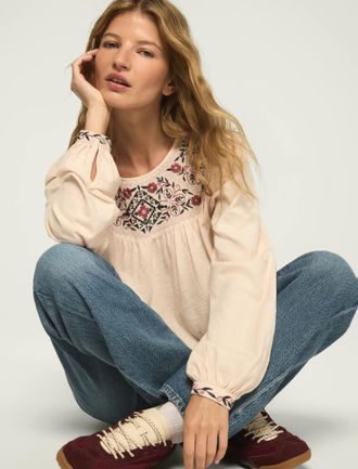 Lucky Brand Womens Embroidered Yoke Peasant Top