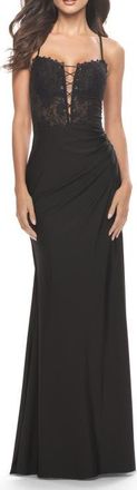 La Femme Lace Bodice with Tie Up Deep V Neckline Jersey Dress in Black at Nordstrom, Size 12
