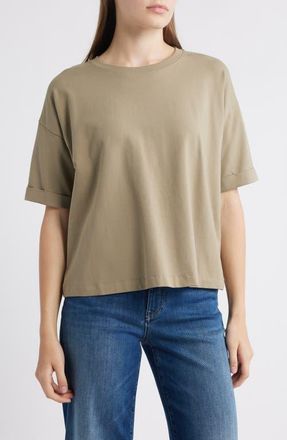 Eileen Fisher Cuffed Sleeve Cotton Crewneck T-Shirt in Twig at Nordstrom, Size Xx-Small