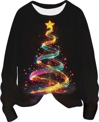 Generic Christmas Sweatshirts for Women Casual Round Neck Xmas Sweaters Fashion Novelty Santa Printed Ladies Christmas Tops Comfy Elegant Pullover Plus Size X