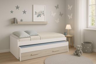 Dmora Dmora - Cama Individual Dmialic, Armaz&oacute;n De Cama Para Dormitorio, Cama Individual Con Cuna Extra&iacute;ble Y C&oacute;moda Y Estanter&iacute;a A Juego, 199x96h65 Cm, Blan