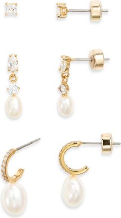 Nordstrom Set of 3 Demi Fine Cubic Zirconia Stud & Pearl Drop Earrings in 14K Gold Plated at Nordstrom