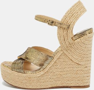 Jimmy Choo London Gold Foil Leather Espadrille Wedge Sandals