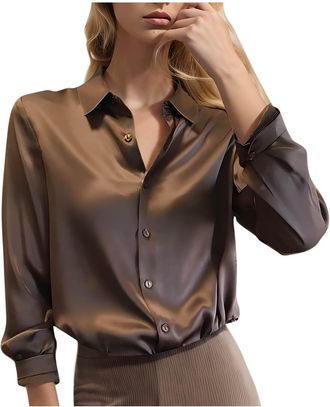 Generic Satin Shirts for Women UK Elegant Long Sleeve Collared Neck Silk Tops Office Business Casual Slim-Fit Button-Down Shirt Ladies Work Blouses 2025 Sale 