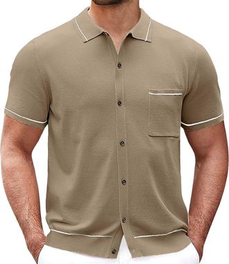 Generic Mens Short Sleeve Cuban Collar Casual Shirt Cuban Collar Shirt Holiday Shirt Knitted Shirt Summer Beach Shirt with Chest Pocket Mens Knitted Polo Shir