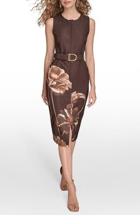 DKNY Belted Sleeveless Floral Sheath Dress in Fawn Multi at Nordstrom Rack, Size 10