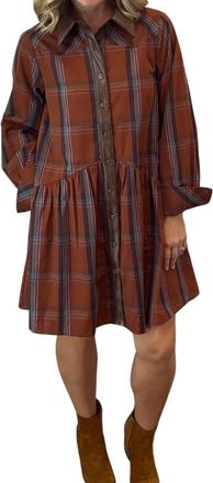 THML Clothing Plaid Contrast Leather Button Dress In Brown