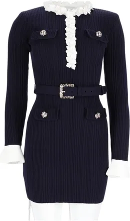 Self Portrait Blue Ruffled Trim Ribbed Knit Mini Dress