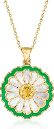 Ross-Simons Mother-Of Pearl and. Citrine Flower Pendant Necklace With Green Enamel in 18kt Gold Over Sterling