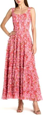 Mac Duggal Floral Printed Ruffle Tiered Scoop Neck Maxi Dress in Cherry Multi at Nordstrom, Size 14