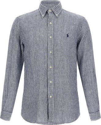 Polo Ralph Lauren Custom Fit Gestreepte Linnen Overhemd - Heren - Casual Overhemden - Blauw - XL - Linnen - Overhemden