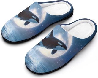 Generic Orca Whale Ocean Moon Funny Mens Cotton Slippers Soft Non-Slip Rubber Sole House Slipper Indoor Outdoor