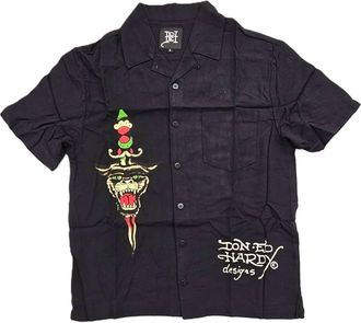 Ed Hardy Mens Lks Skull Short Sleeve Camp Shirt In Black