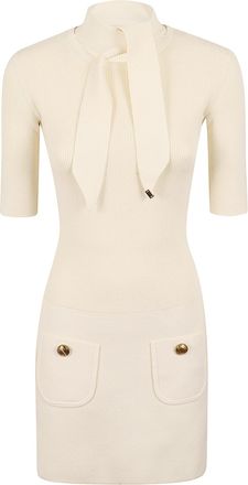 Elisabetta Franchi Fitted Tie-Neck Decorative Button Knit Dress