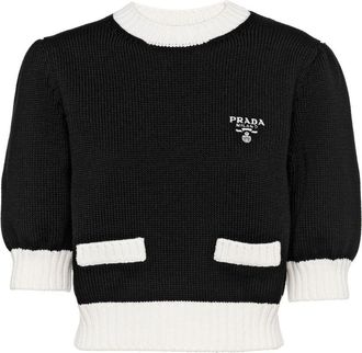 Prada logo-embroidered cropped jumper - women - Cotton - 40 - Black