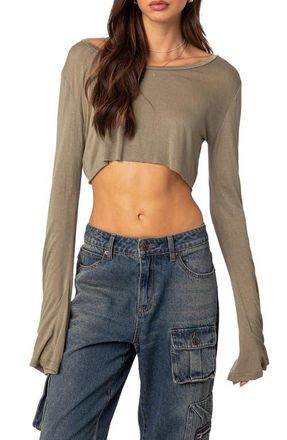 Edikted Sheer Raw Hem Crop Top in Olive at Nordstrom, Size Medium