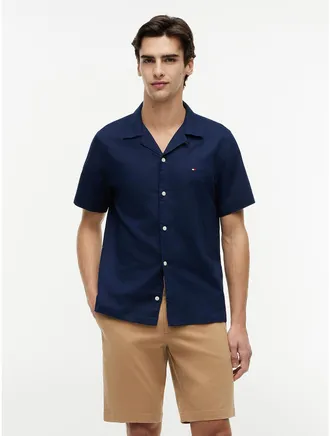 Tommy Hilfiger Mens Regular Fit Cotton-Linen Camp Shirt - Light Navy - XXL