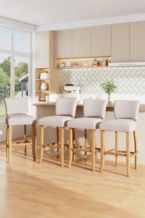 Living and Home Set of 2 Linen Upholstered Bar Stools Dining Chair with Back Footrest in Beige