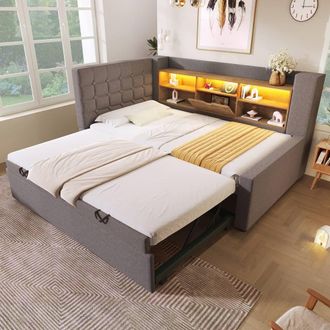 Matteo Grey Linen 3FT Single Daybed with Trundle, Storage & USB